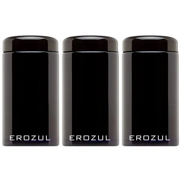 Three Erozul 500ml Screw Top Wide Mouth Glass UV Jars with glossy, airtight lids are arranged side by side. Each smell-proof container is labeled Erozul in white text near the base.